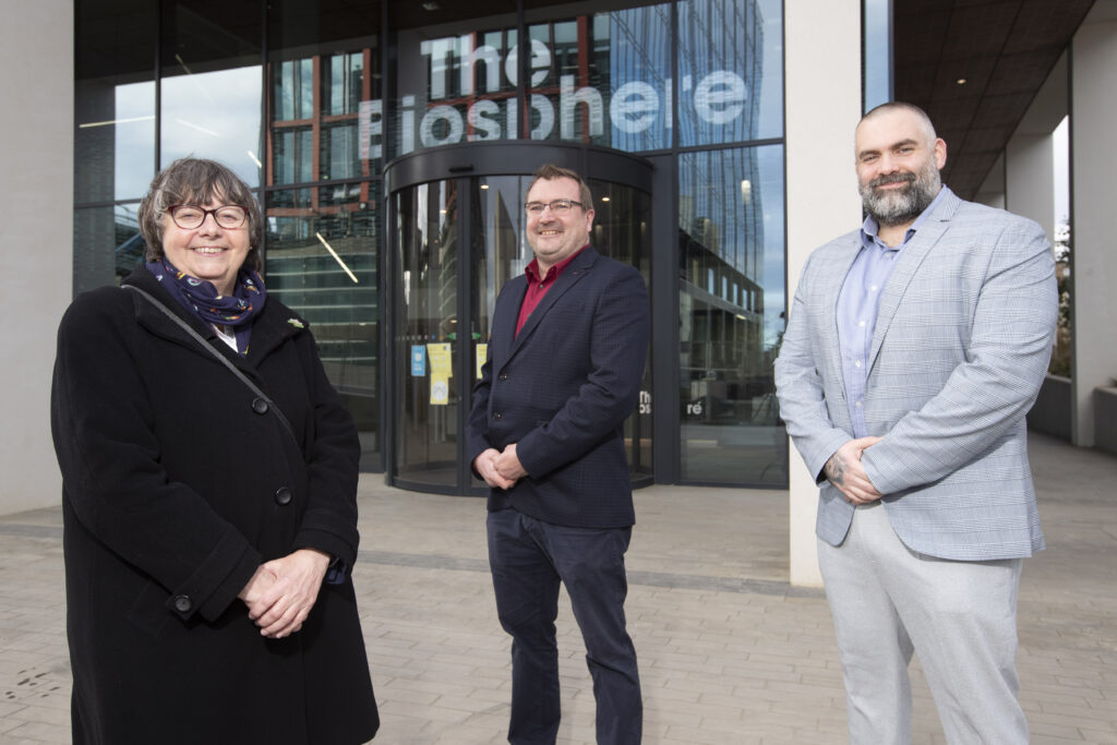 Councillor Joyce McCarty, cabinet member for Inclusive Economy at Newcastle City Council, Sam Whitehouse, Chief Executive, LightOx, Luke Dunnett, Property Business Manager at The Biosphere.