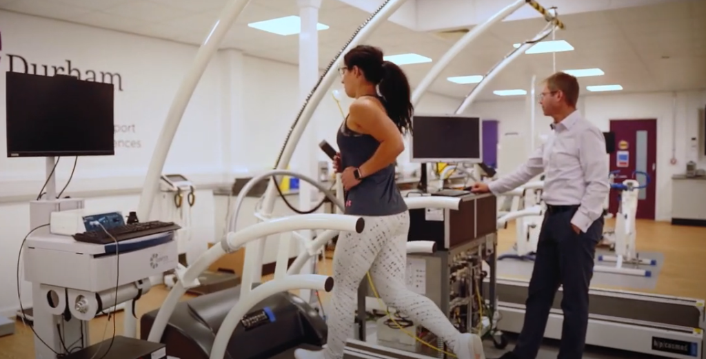 A person runs on a treadmill using Respiratone's breath analysis device