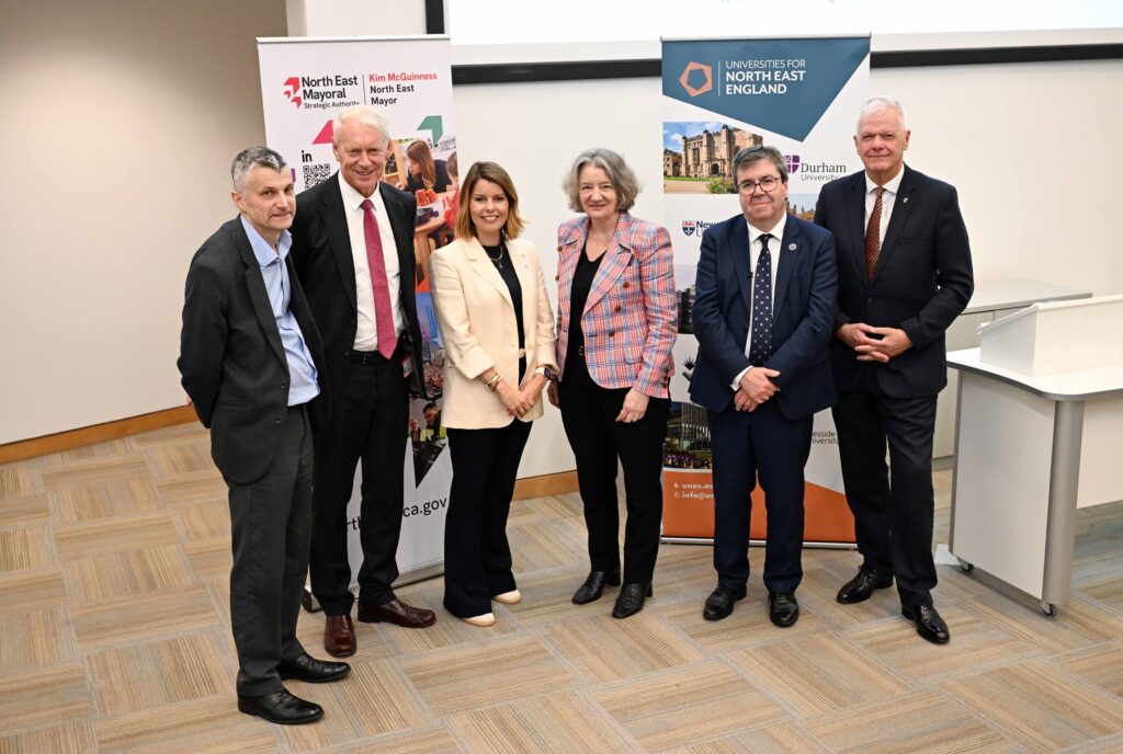 Professor Steve Cummings, Pro-Vice-Chancellor (Research and Knowledge Exchange), Teesside University; Professor Chris Day, Vice-Chancellor, Newcastle University; North East Mayor Kim McGuinness; Professor Karen O’Brien, Vice-Chancellor, Durham University; Sir Nigel Wilson; Professor Andy Long, Vice-Chancellor, Northumbria University; Professor Sir David Bell, Vice-Chancellor, University of Sunderland; Dr Natasha Boulding, Chief Executive, Low Carbon Materials.